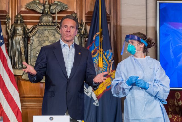 Former NY Gov. Andrew Cuomo receives COVID-19 test at televised press briefing, May 17th, 2020.